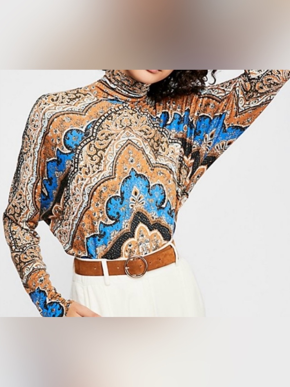 Free People Blue and Tan Paisley Mock-Neck Long Sleeve Top - Size XS